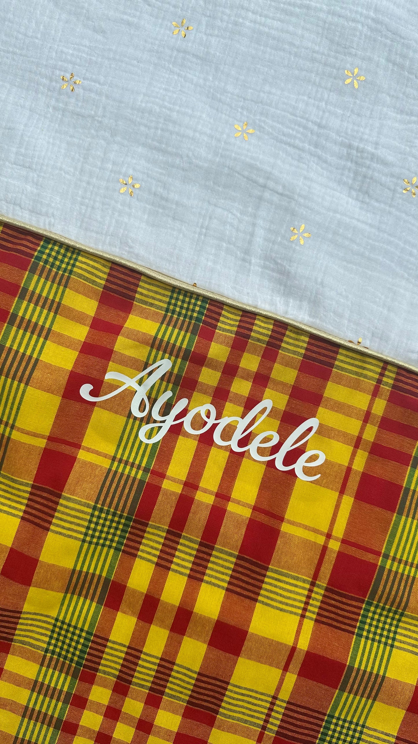 Couverture bébé en madras et double gaze de coton "Carambole"