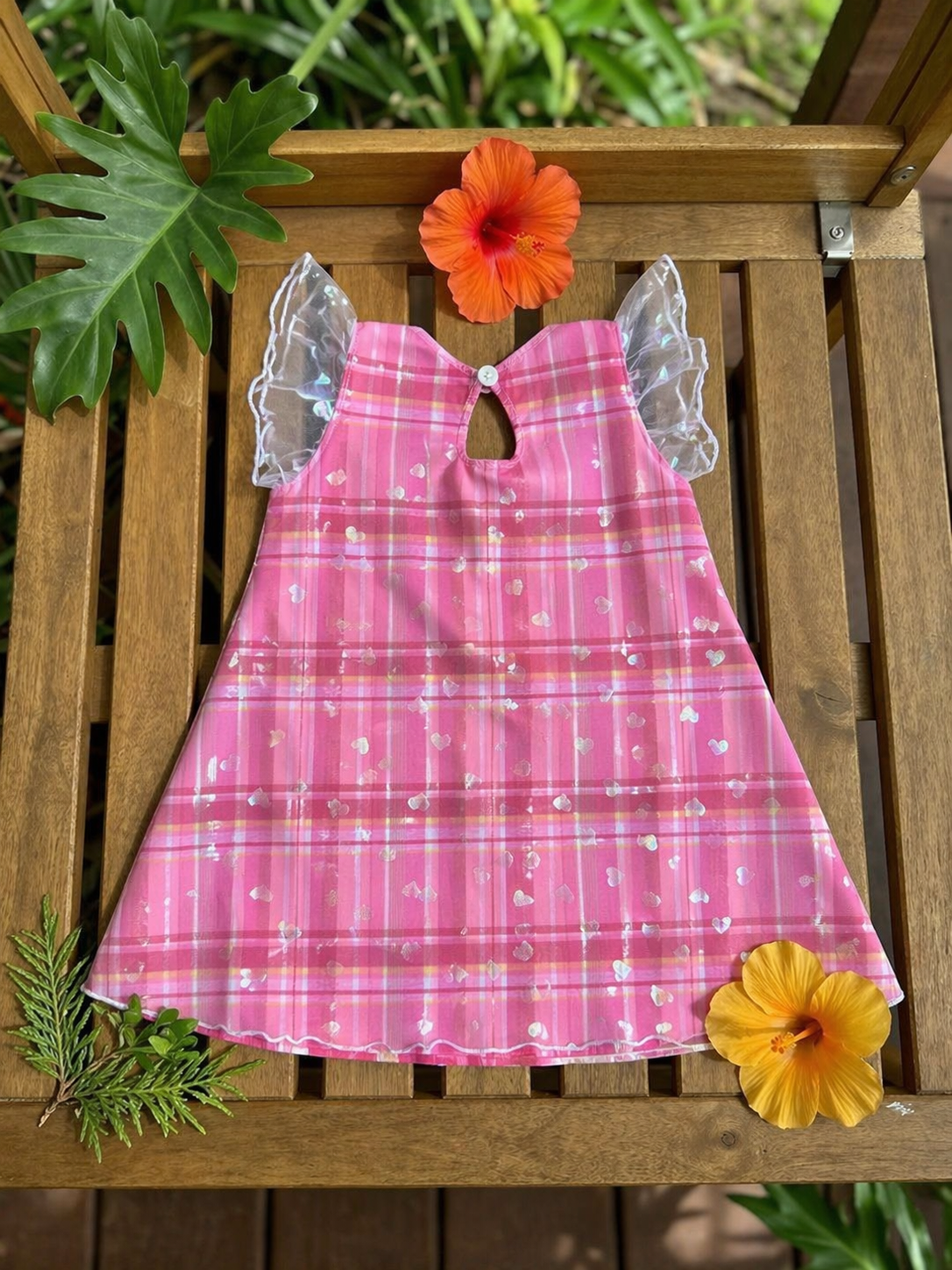 Robe bébé en madras et tulle rose à petits coeurs