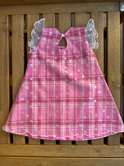 Robe bébé en madras et tulle rose à petits coeurs