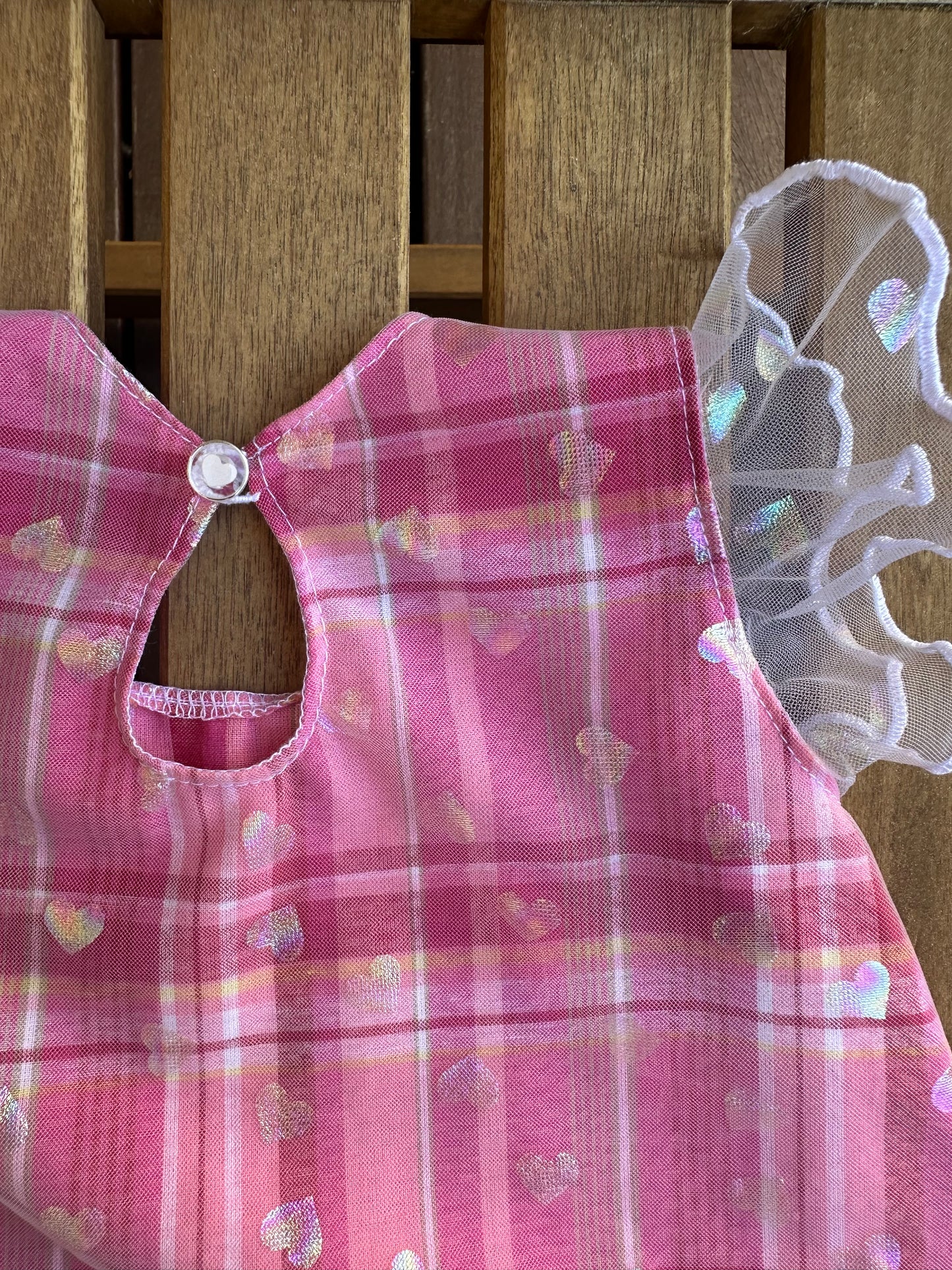 Robe bébé en madras et tulle rose à petits coeurs