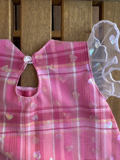 Robe bébé en madras et tulle rose à petits coeurs