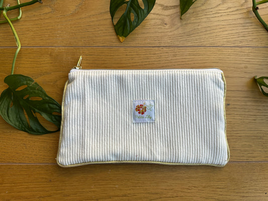 Pochette "Litchi" en madras et velours côtelé blanc