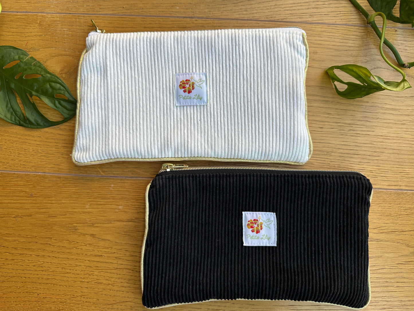 Pochette "Litchi" en madras et velours côtelé blanc